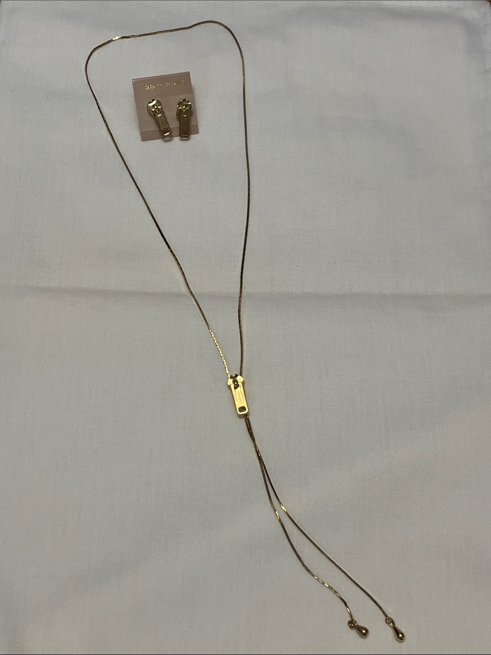 Vtg Gold-Tone Lariat Necklace with Zipper Pendant and Matching Studs